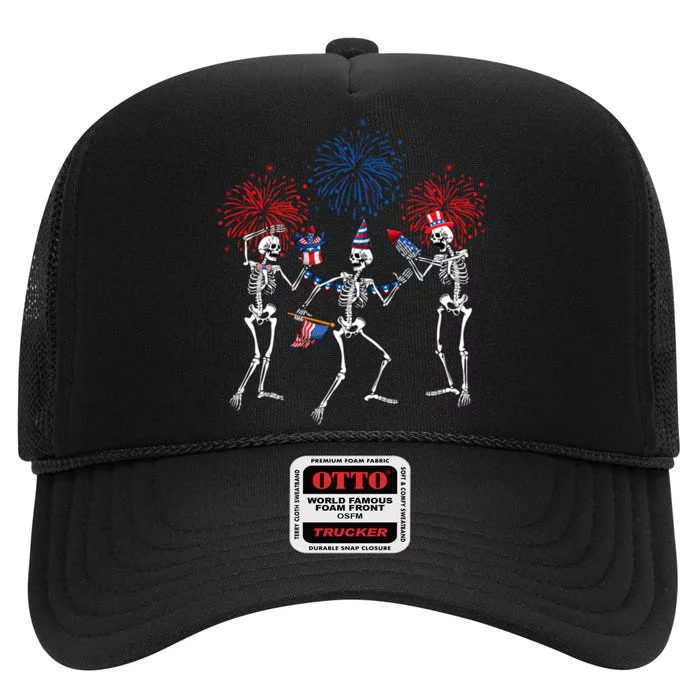 Dancing Skeleton 4th Of July American Flag Skellies High Crown Mesh Trucker Hat