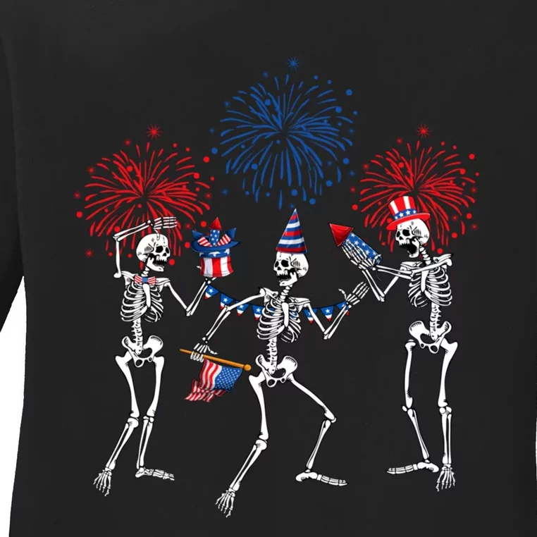 Dancing Skeleton 4th Of July American Flag Skellies Ladies Long Sleeve Shirt