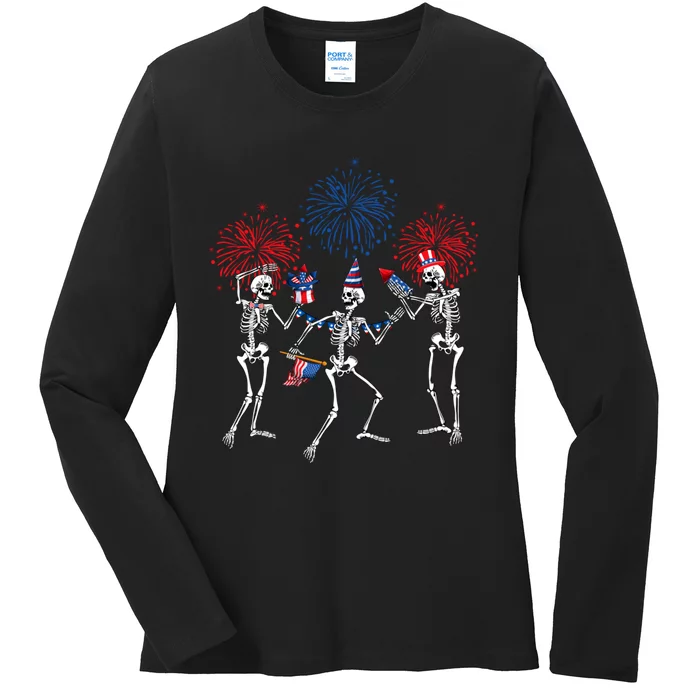 Dancing Skeleton 4th Of July American Flag Skellies Ladies Long Sleeve Shirt