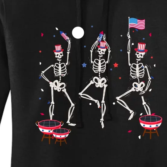 Dancing Skeleton 4th Of July American Flag Skellies Women's Pullover Hoodie