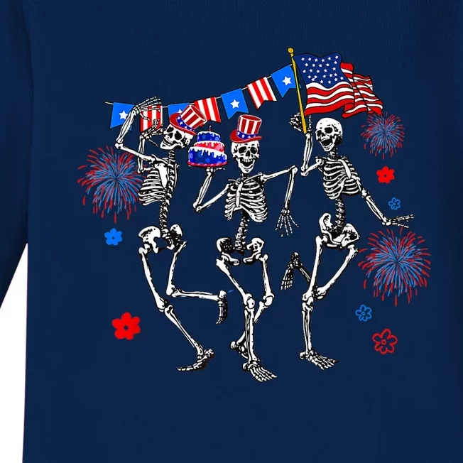 Dancing Skeleton 4th Of July American Flag Skellies Baby Long Sleeve Bodysuit