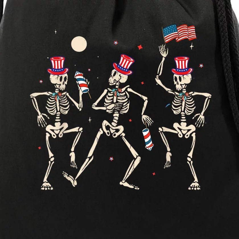 Dancing Skeleton 4th Of July American Flag Skellies Drawstring Bag