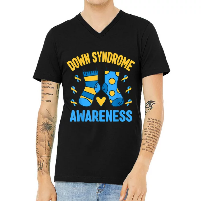 Down Syndrome Awareness Socks T21 Blue Yellow Ribbon V-Neck T-Shirt