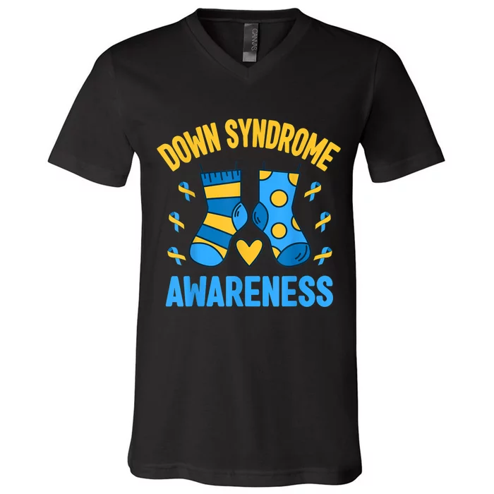 Down Syndrome Awareness Socks T21 Blue Yellow Ribbon V-Neck T-Shirt