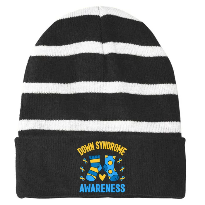 Down Syndrome Awareness Socks T21 Blue Yellow Ribbon Striped Beanie with Solid Band