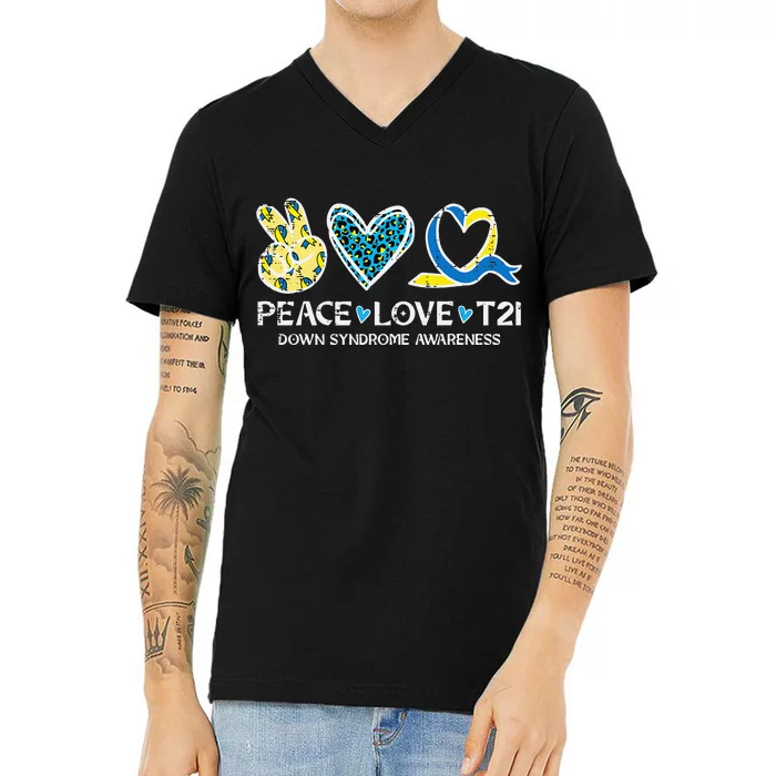 Down Syndrome Awareness Peace Love T21 WDSD V-Neck T-Shirt