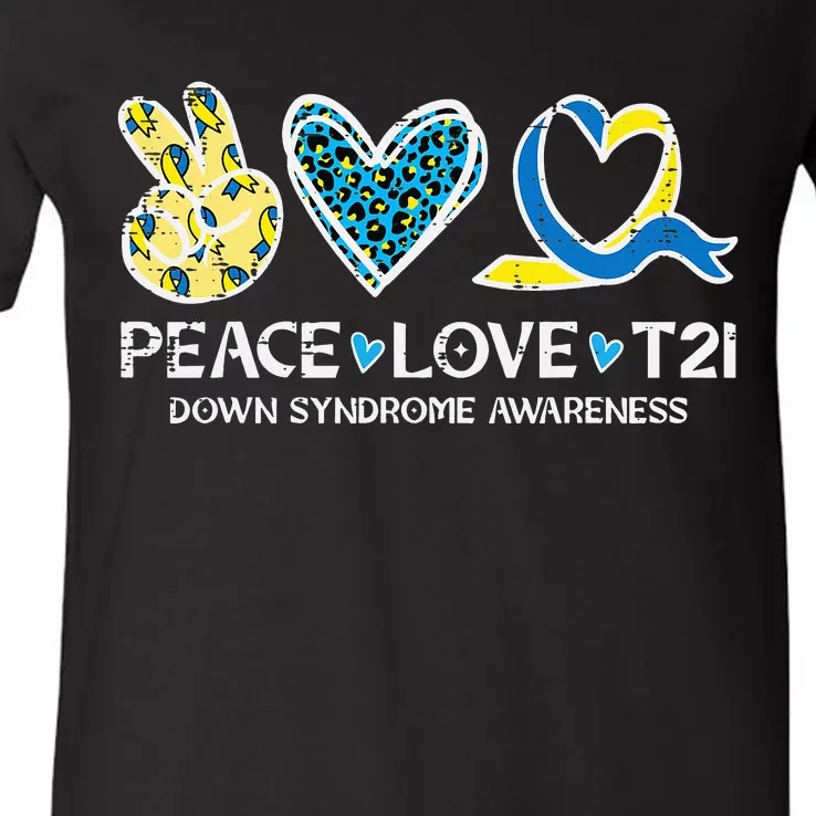 Down Syndrome Awareness Peace Love T21 WDSD V-Neck T-Shirt