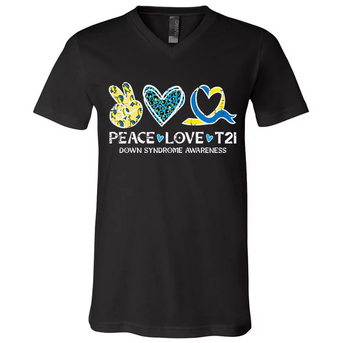 Down Syndrome Awareness Peace Love T21 WDSD V-Neck T-Shirt