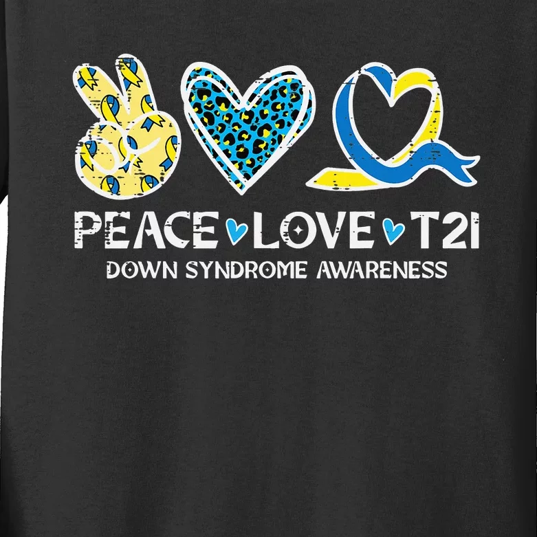 Down Syndrome Awareness Peace Love T21 WDSD Kids Long Sleeve Shirt