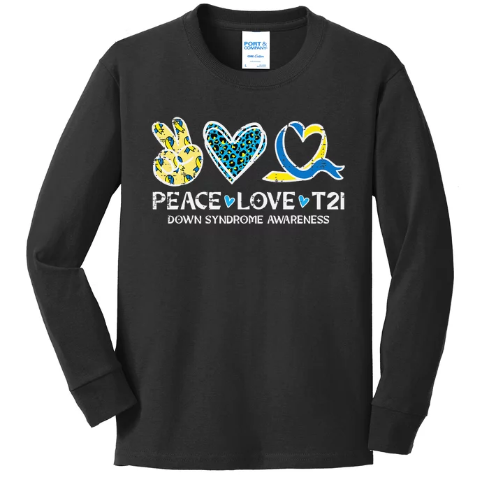 Down Syndrome Awareness Peace Love T21 WDSD Kids Long Sleeve Shirt