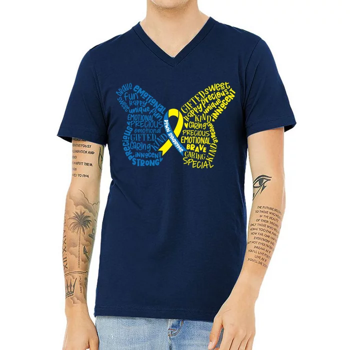 Down Syndrome Awareness Butterfly V-Neck T-Shirt