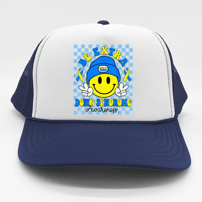 Down Syndrome Awareness Be Extra Yellow And Blue Smile Face Trucker Hat