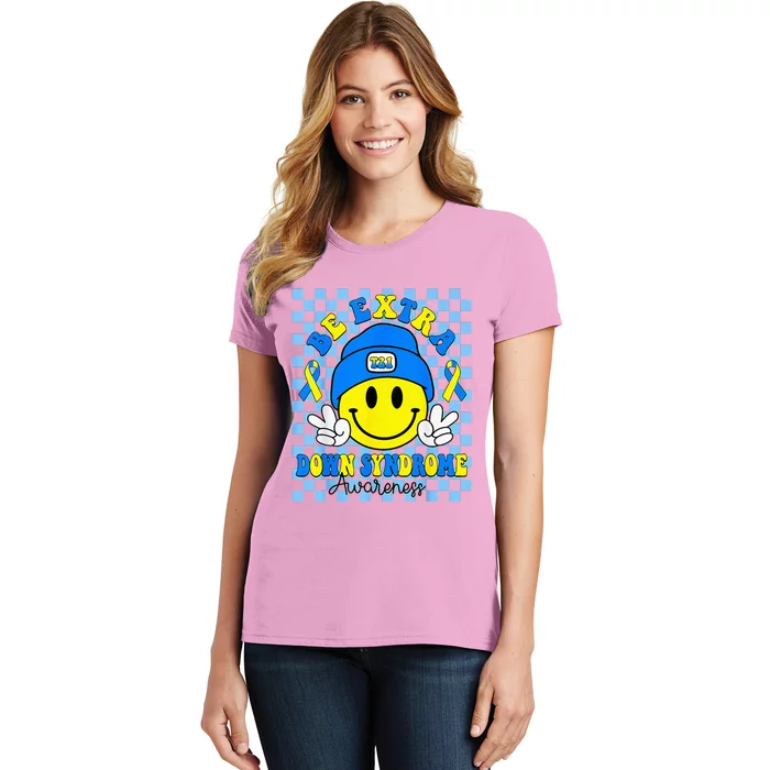 Down Syndrome Awareness Be Extra Yellow And Blue Smile Face Women's T-Shirt