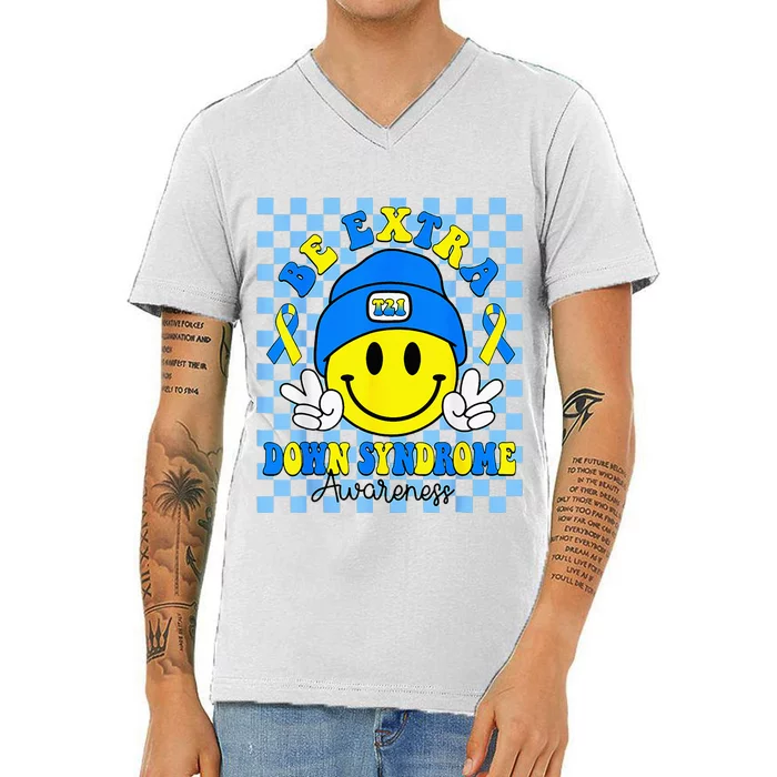 Down Syndrome Awareness Be Extra Yellow And Blue Smile Face V-Neck T-Shirt