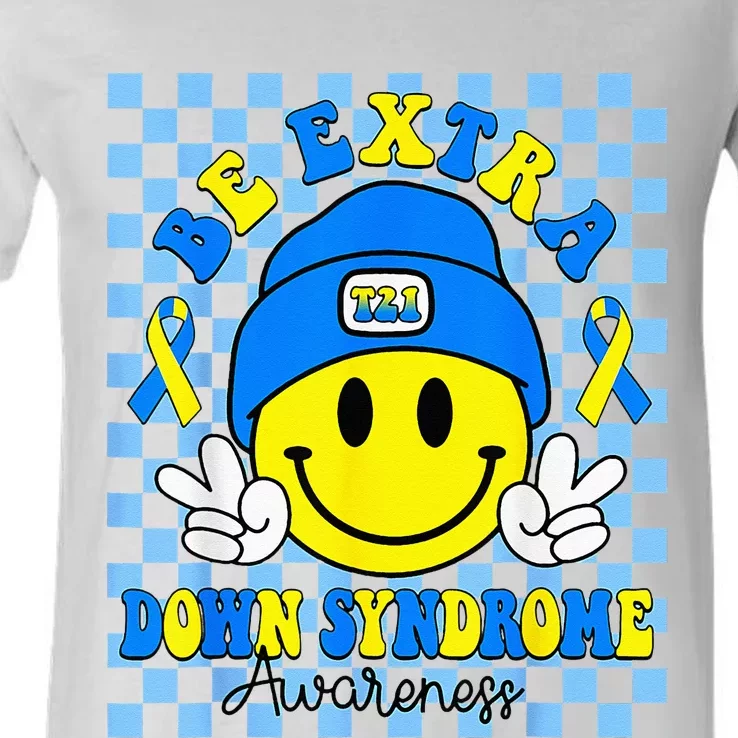 Down Syndrome Awareness Be Extra Yellow And Blue Smile Face V-Neck T-Shirt