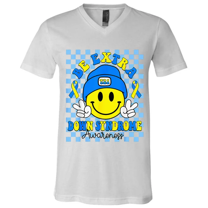 Down Syndrome Awareness Be Extra Yellow And Blue Smile Face V-Neck T-Shirt