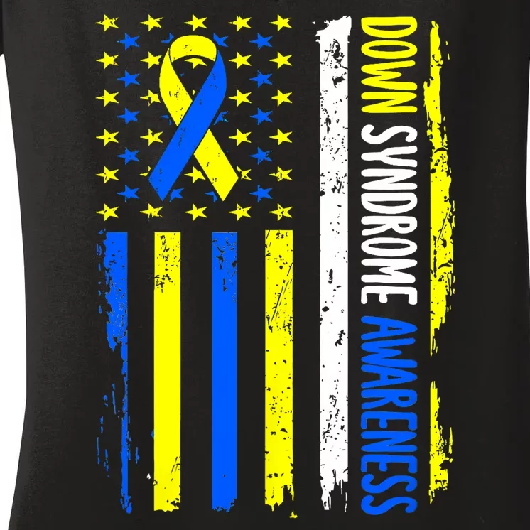 Down Syndrome Awareness American Flag T21 Down Syndrome Women's V-Neck T-Shirt