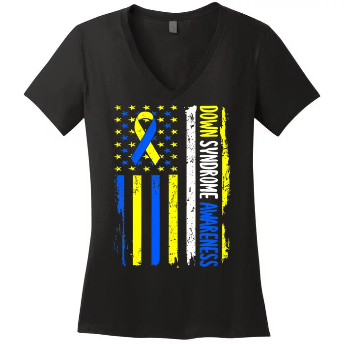 Down Syndrome Awareness American Flag T21 Down Syndrome Women's V-Neck T-Shirt