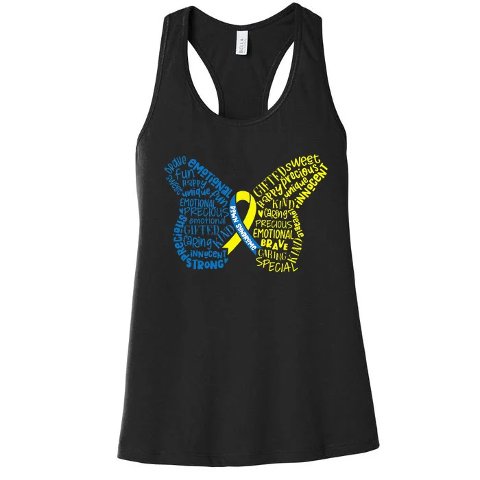 Down Syndrome Awareness Month Butterfly Word Cloud Women's Racerback Tank