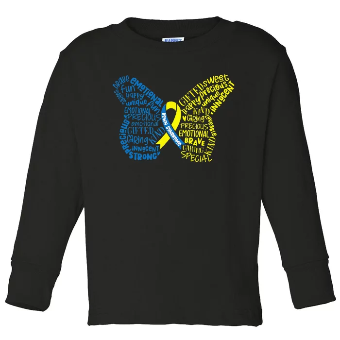 Down Syndrome Awareness Month Butterfly Word Cloud Toddler Long Sleeve Shirt