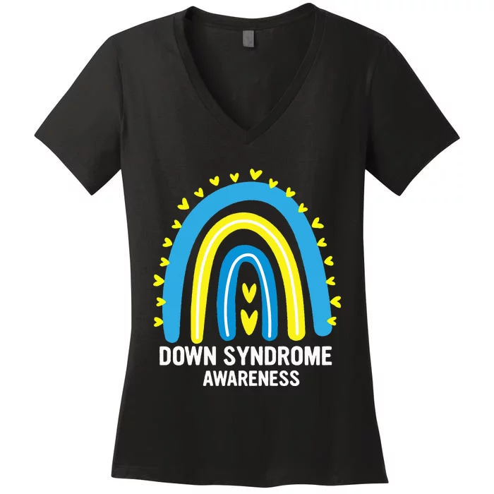 Down Syndrome Awareness Rainbow T21 Yellow Blue Ribbon Women's V-Neck T-Shirt