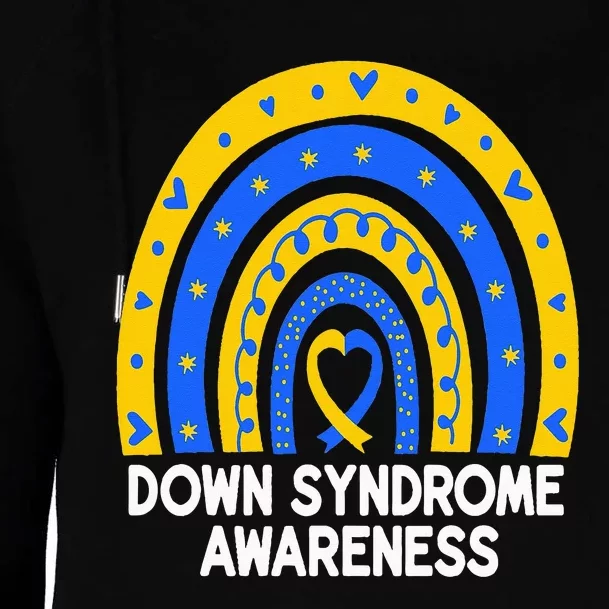 Down Syndrome Awareness Rainbow T21 Yellow Blue Ribbon Womens Funnel Neck Pullover Hood