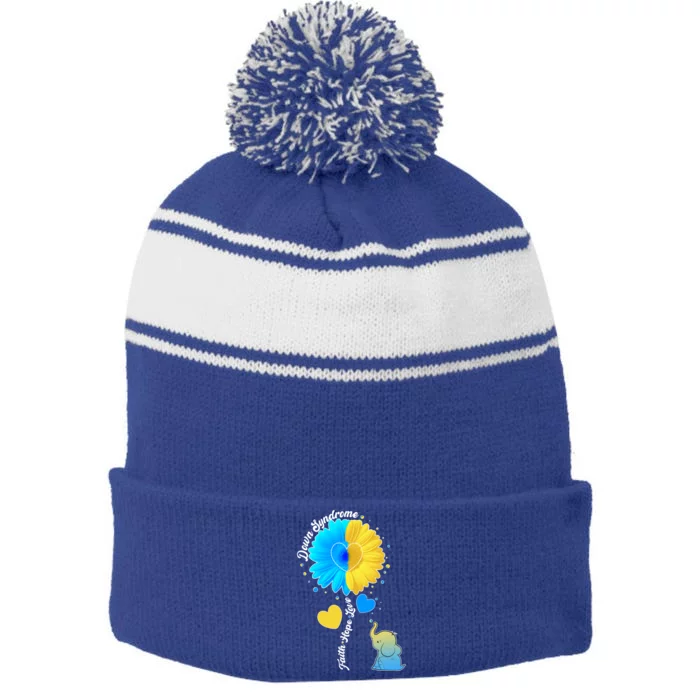 Down Syndrome Awareness Faith Hope Love Flower Elephant Stripe Pom Pom Beanie