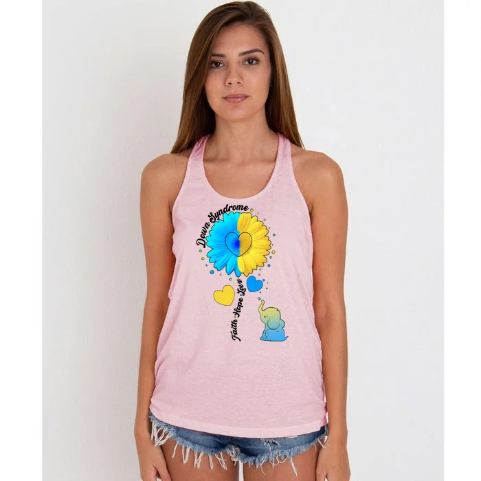 Down Syndrome Awareness Faith Hope Love Flower Elephant Women's Knotted Racerback Tank