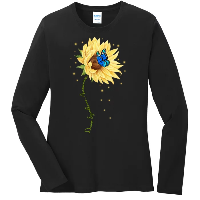 Down Syndrome Awareness Sunflower Butterfly Ladies Long Sleeve Shirt