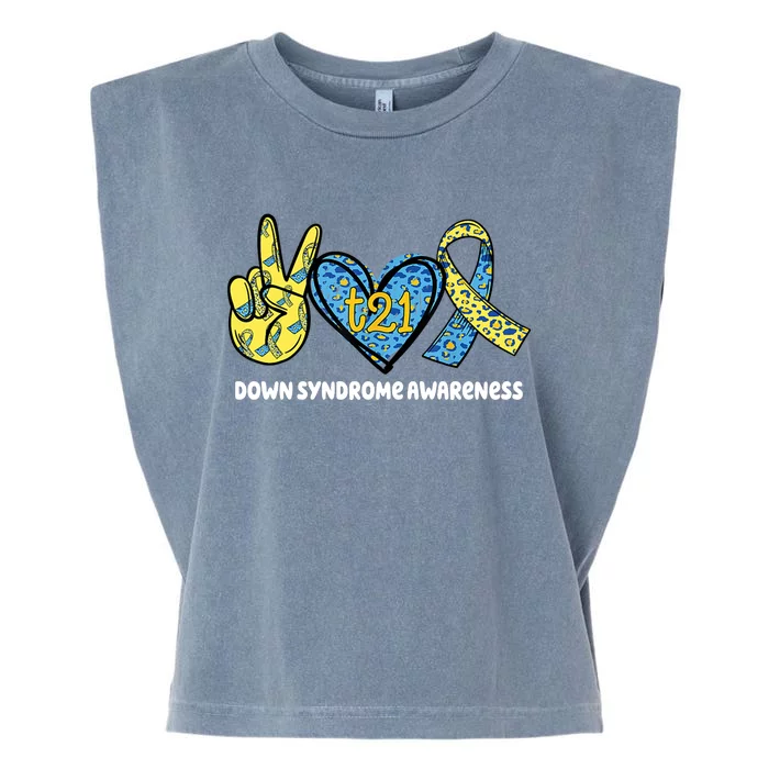 Down Syndrome Awareness T21 Peace Love Ribbon Garment-Dyed Women's Muscle Tee