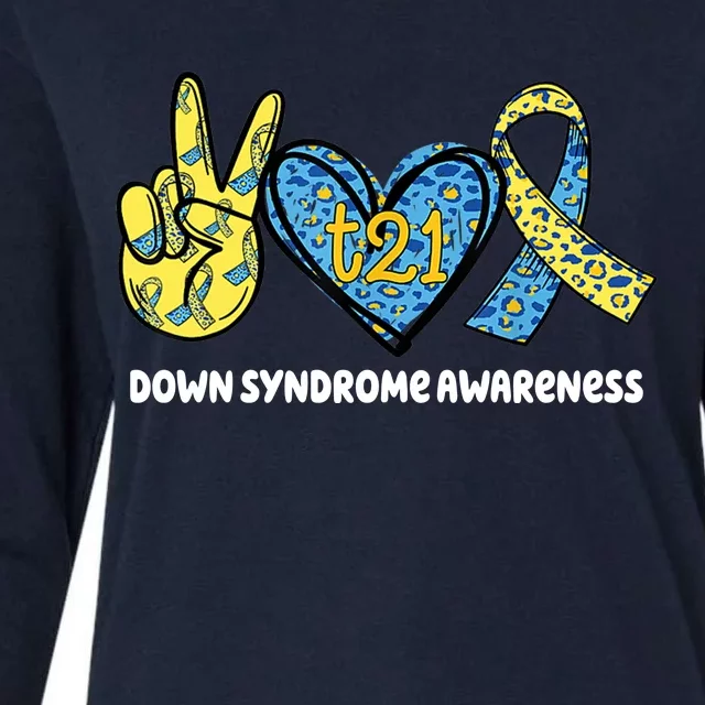 Down Syndrome Awareness T21 Peace Love Ribbon Womens Cotton Relaxed Long Sleeve T-Shirt