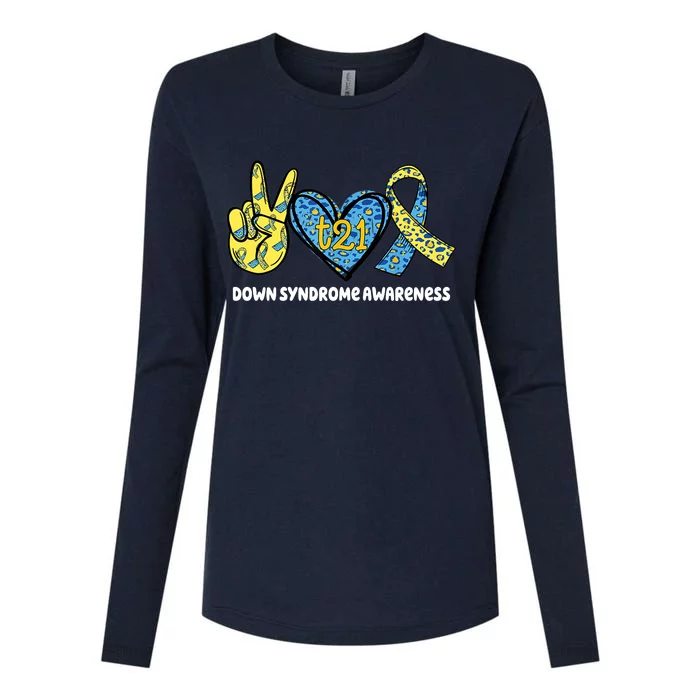 Down Syndrome Awareness T21 Peace Love Ribbon Womens Cotton Relaxed Long Sleeve T-Shirt