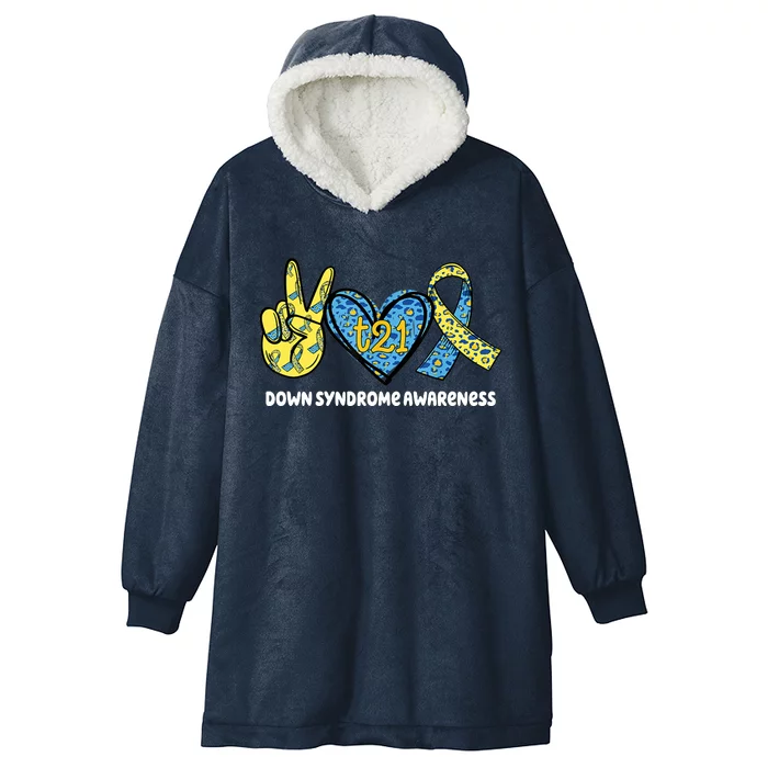 Down Syndrome Awareness T21 Peace Love Ribbon Hooded Wearable Blanket