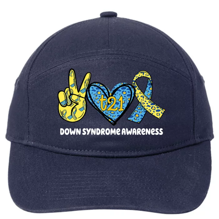 Down Syndrome Awareness T21 Peace Love Ribbon 7-Panel Snapback Hat