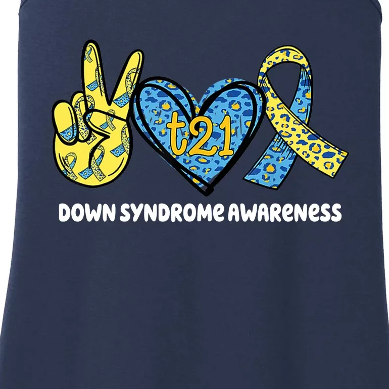 Down Syndrome Awareness T21 Peace Love Ribbon Ladies Essential Tank