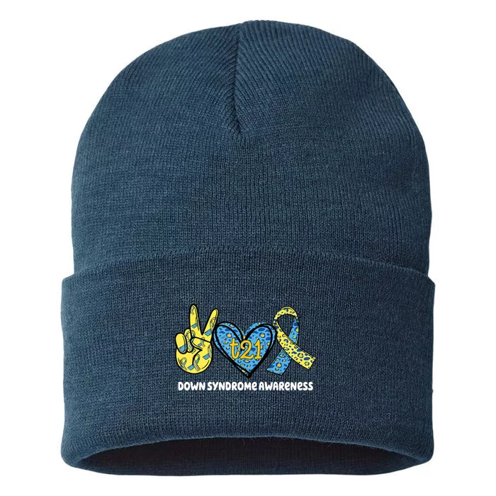 Down Syndrome Awareness T21 Peace Love Ribbon Sustainable Knit Beanie