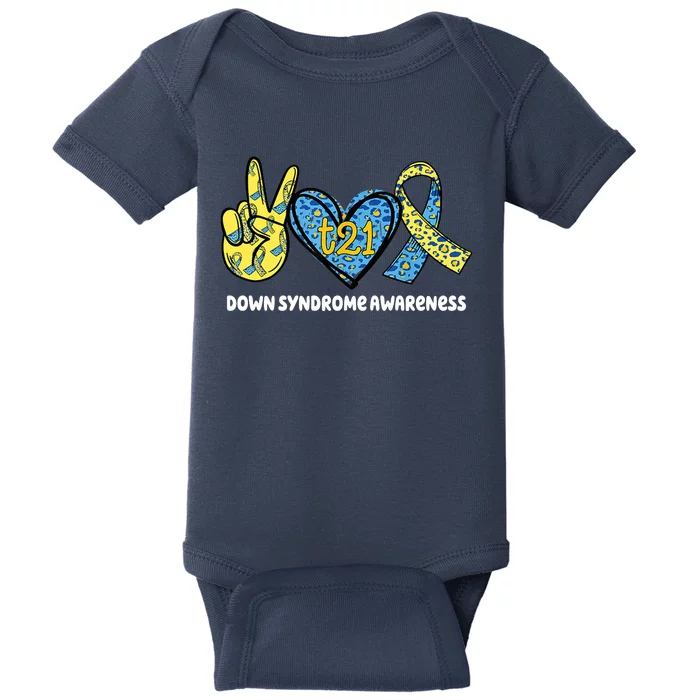 Down Syndrome Awareness T21 Peace Love Ribbon Baby Bodysuit