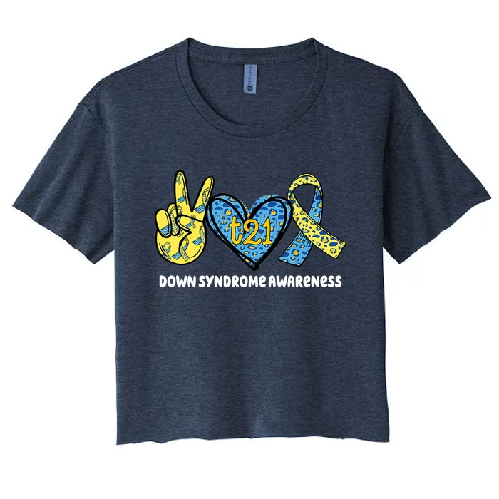 Down Syndrome Awareness T21 Peace Love Ribbon Women's Crop Top Tee