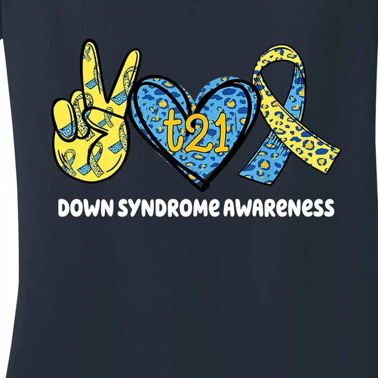 Down Syndrome Awareness T21 Peace Love Ribbon Women's V-Neck T-Shirt