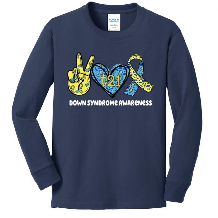 Down Syndrome Awareness T21 Peace Love Ribbon Kids Long Sleeve Shirt