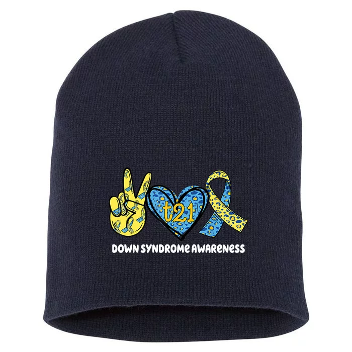 Down Syndrome Awareness T21 Peace Love Ribbon Short Acrylic Beanie