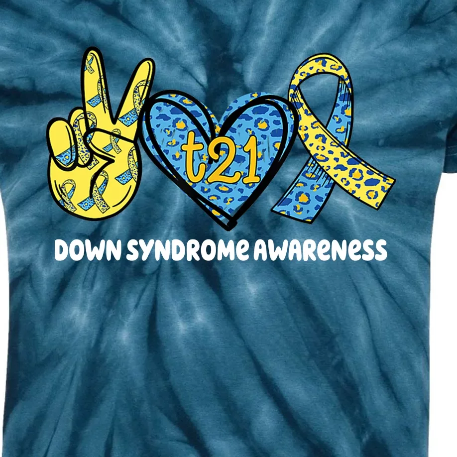 Down Syndrome Awareness T21 Peace Love Ribbon Kids Tie-Dye T-Shirt