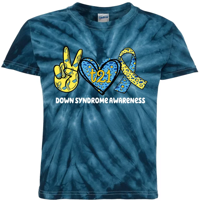 Down Syndrome Awareness T21 Peace Love Ribbon Kids Tie-Dye T-Shirt