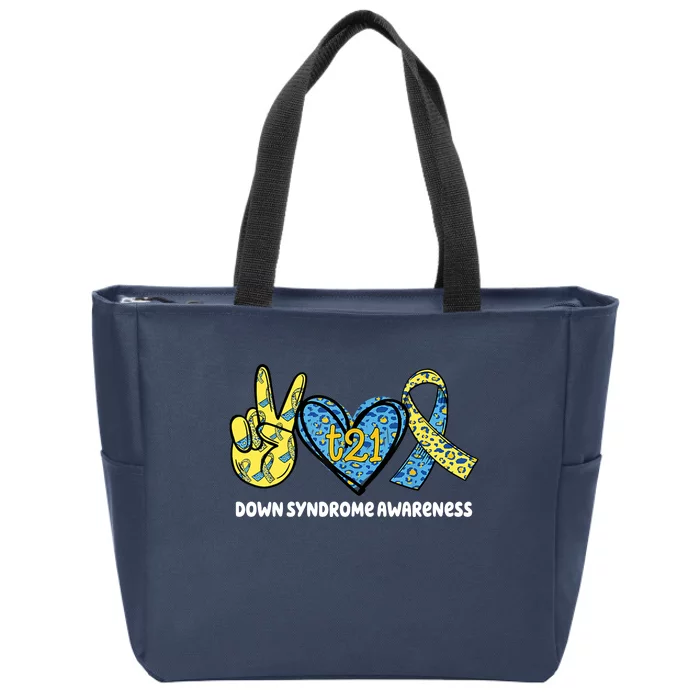 Down Syndrome Awareness T21 Peace Love Ribbon Zip Tote Bag