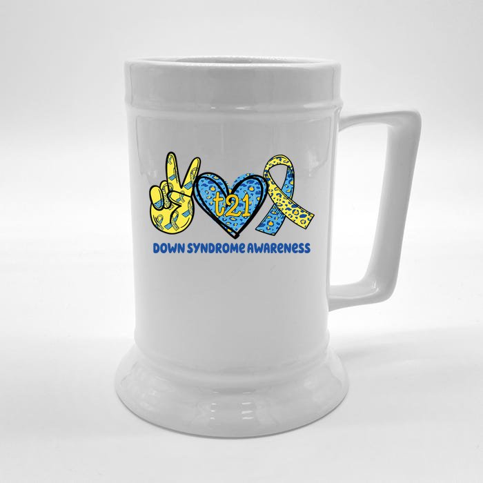 Down Syndrome Awareness T21 Peace Love Ribbon Front & Back Beer Stein