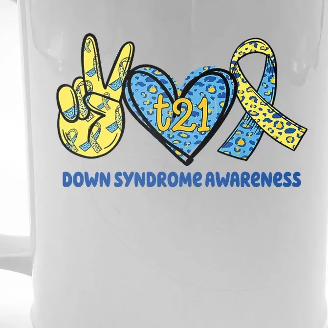 Down Syndrome Awareness T21 Peace Love Ribbon Front & Back Beer Stein