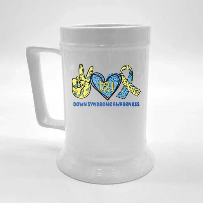 Down Syndrome Awareness T21 Peace Love Ribbon Front & Back Beer Stein