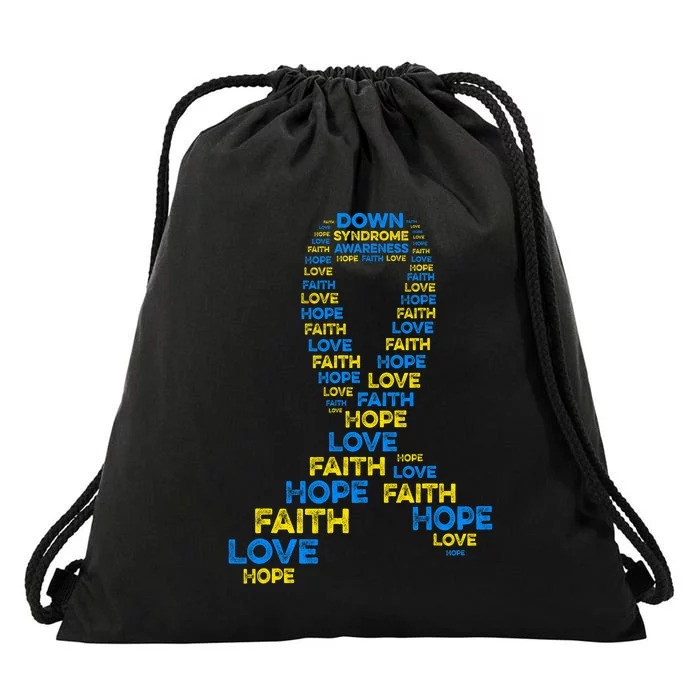 Down Syndrome Awareness Hope Faith Love Teal Ribbon Mom Drawstring Bag