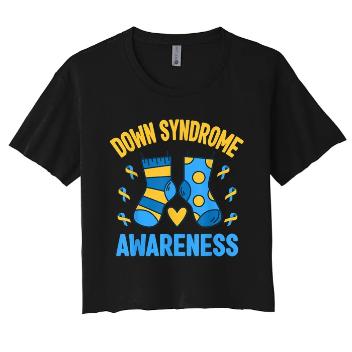 Down Syndrome Awareness  Socks T21 Blue Yellow Ribbon Women's Crop Top Tee