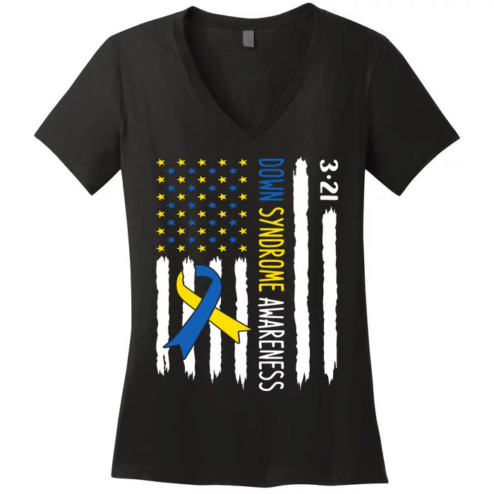 Down Syndrome Awareness Us Flag Trisomy 21 Women's V-Neck T-Shirt